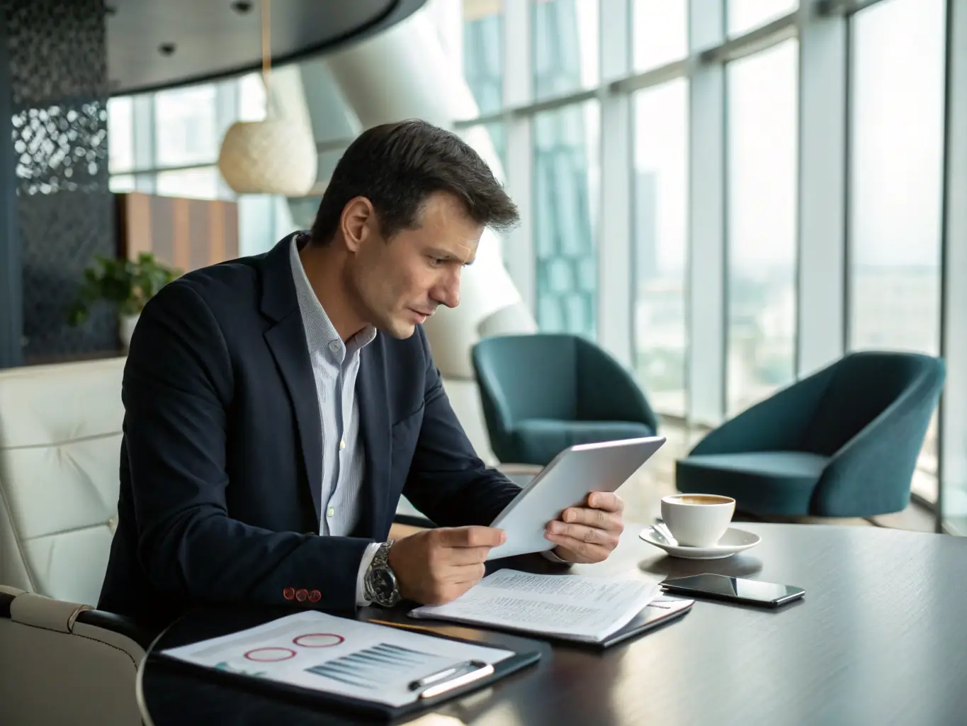 A professional investor analyzing financial charts on a tablet while using Telegram for real-time market updates and investment decisions.