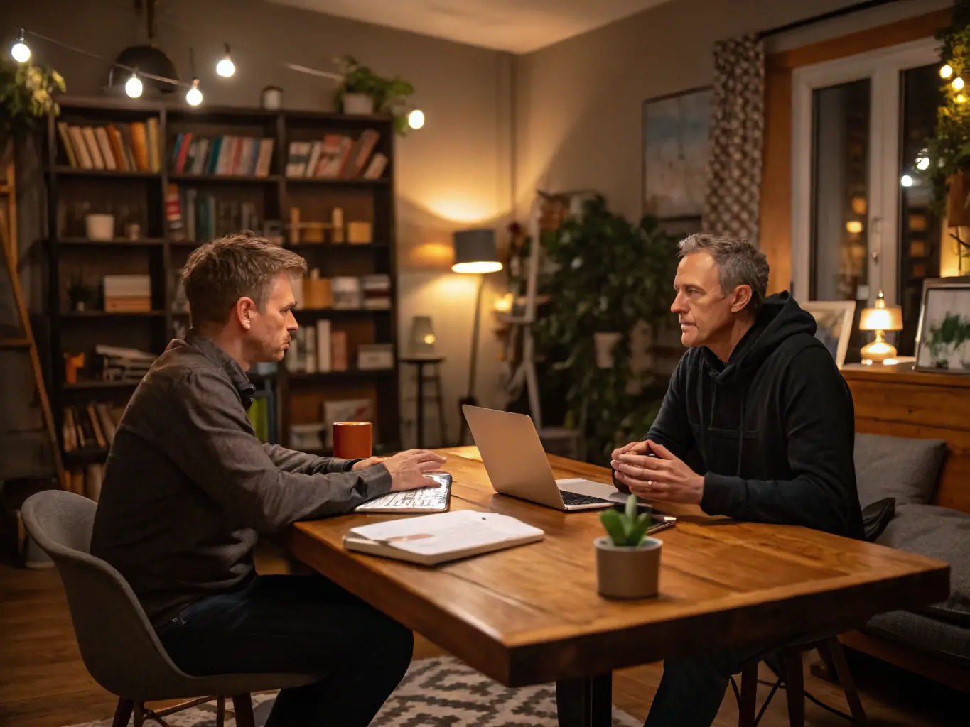 An image of a coach guiding a client through a Telegram analytics dashboard on a laptop, symbolizing growth and digital strategy.